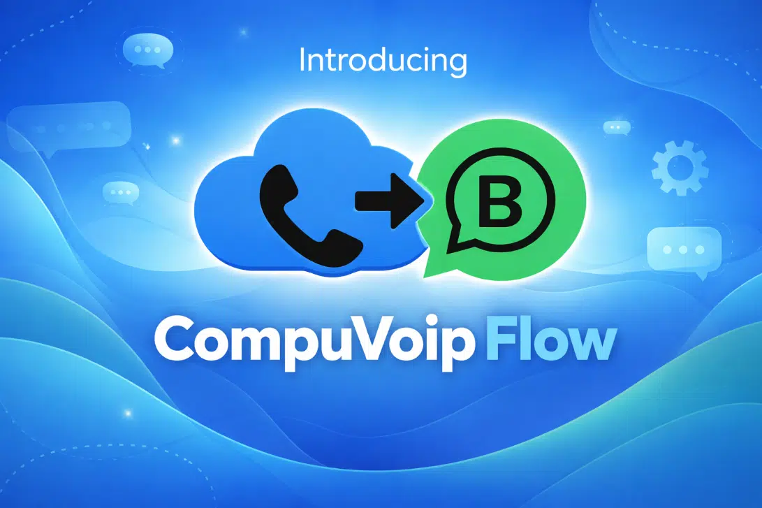 CompuVoIP Flow logo showing a cloud phone system connected to WhatsApp Business for business messaging