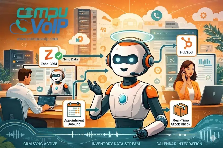 CompuVoIP custom AI voice agents development showing Zoho CRM, HubSpot, and appointment booking integration for a hosted VoIP phone system.